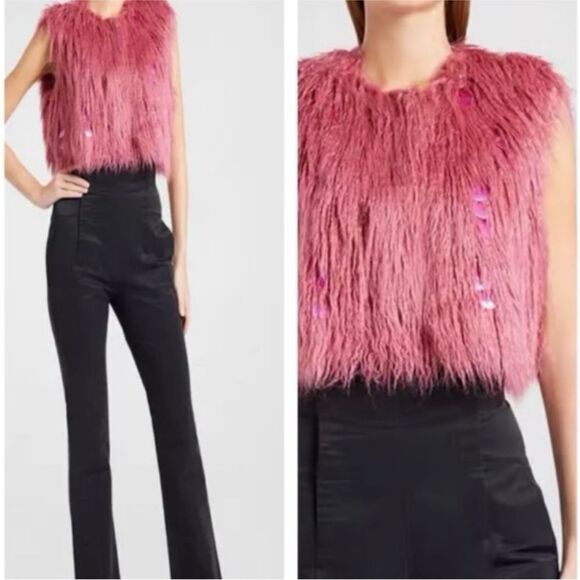 Alabama Muse NWT Lanny Gold Embellished Sleeveless Fur Jacket Desert Rose IT 42 - Picture 2 of 11